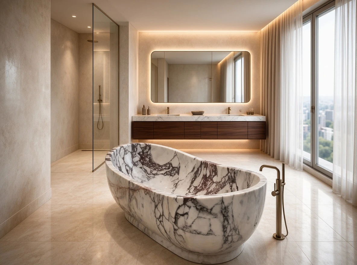 Calacatta Viola marble freestanding bathtub with dramatic violet-gray veining installed in a luxury hotel suite bathroom with a walk-in shower. Calacatta Viola marble freestanding bathtub with dramatic violet-gray veining installed in a luxury hotel suite bathroom with a walk-in shower.
