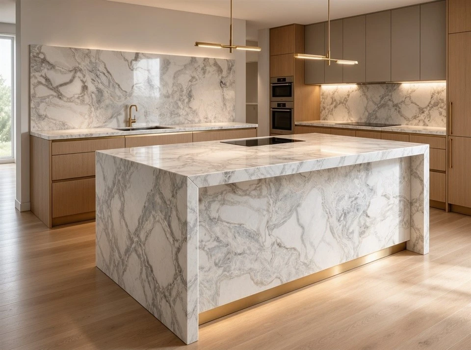 Oyster White Marble kitchen countertops and waterfall island with matching full-height backsplash in a luxury kitchen