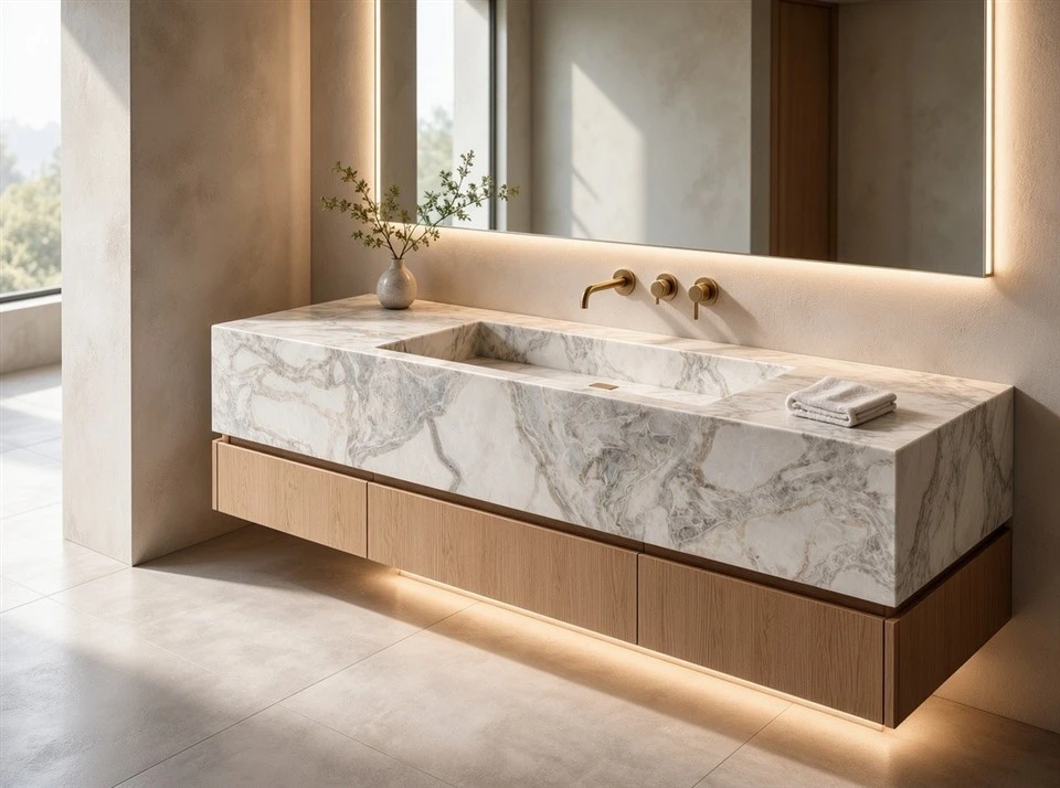 Oyster White Marble vanity top with an integrated stone sink and floating wood cabinetry in a luxury bathroom