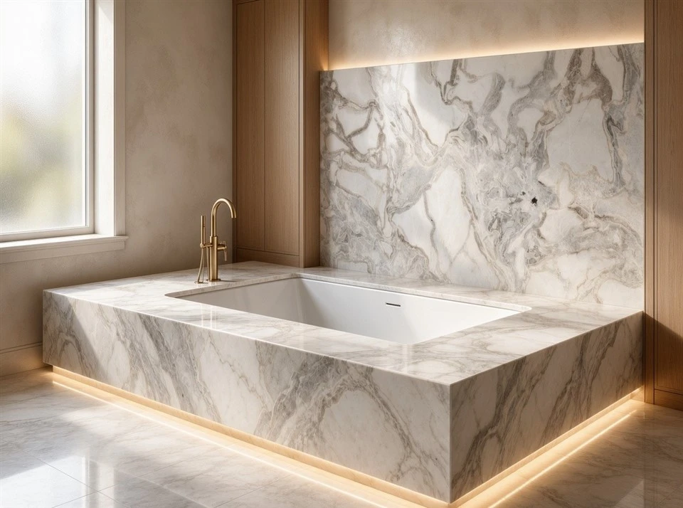 Oyster White Marble bathtub deck and surrounds with warm wood cabinetry and integrated lighting in a luxury bathroom