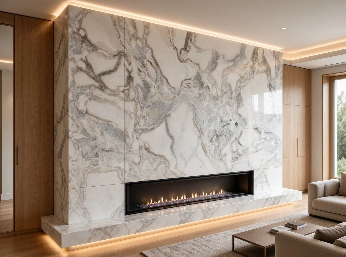 Floor-to-ceiling Oyster White Marble fireplace surround with a linear gas fireplace and floating stone hearth Floor-to-ceiling Oyster White Marble fireplace surround with a linear gas fireplace and floating stone hearth