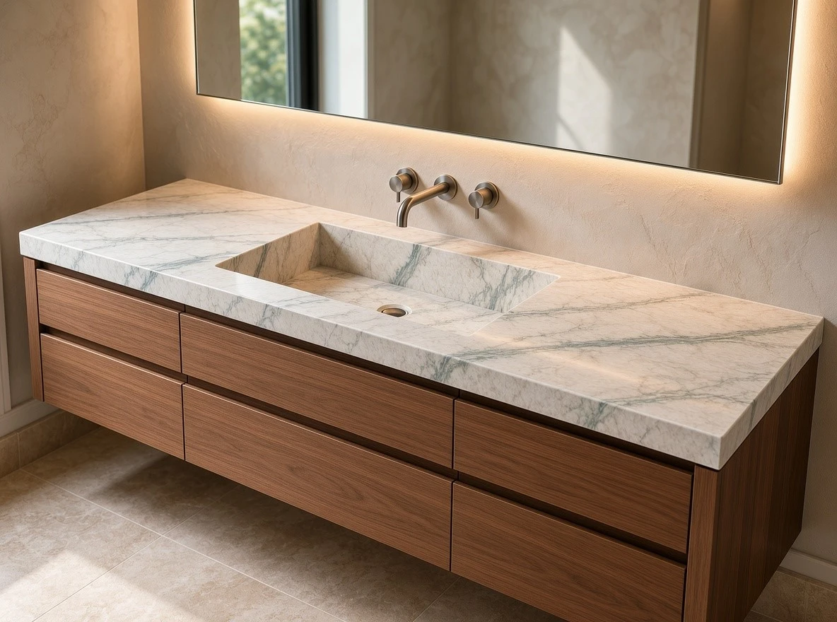 Luce Di Luna quartzite bathroom vanity with an integrated stone sink, mitered edges and floating wood cabinetry Luce Di Luna quartzite bathroom vanity with an integrated stone sink, mitered edges and floating wood cabinetry