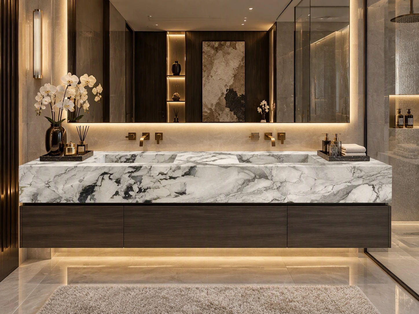 Camouflage White Marble double vanity countertop with integrated sinks and mitered front edge in a luxury bathroom Camouflage White Marble double vanity countertop with integrated sinks and mitered front edge in a luxury bathroom