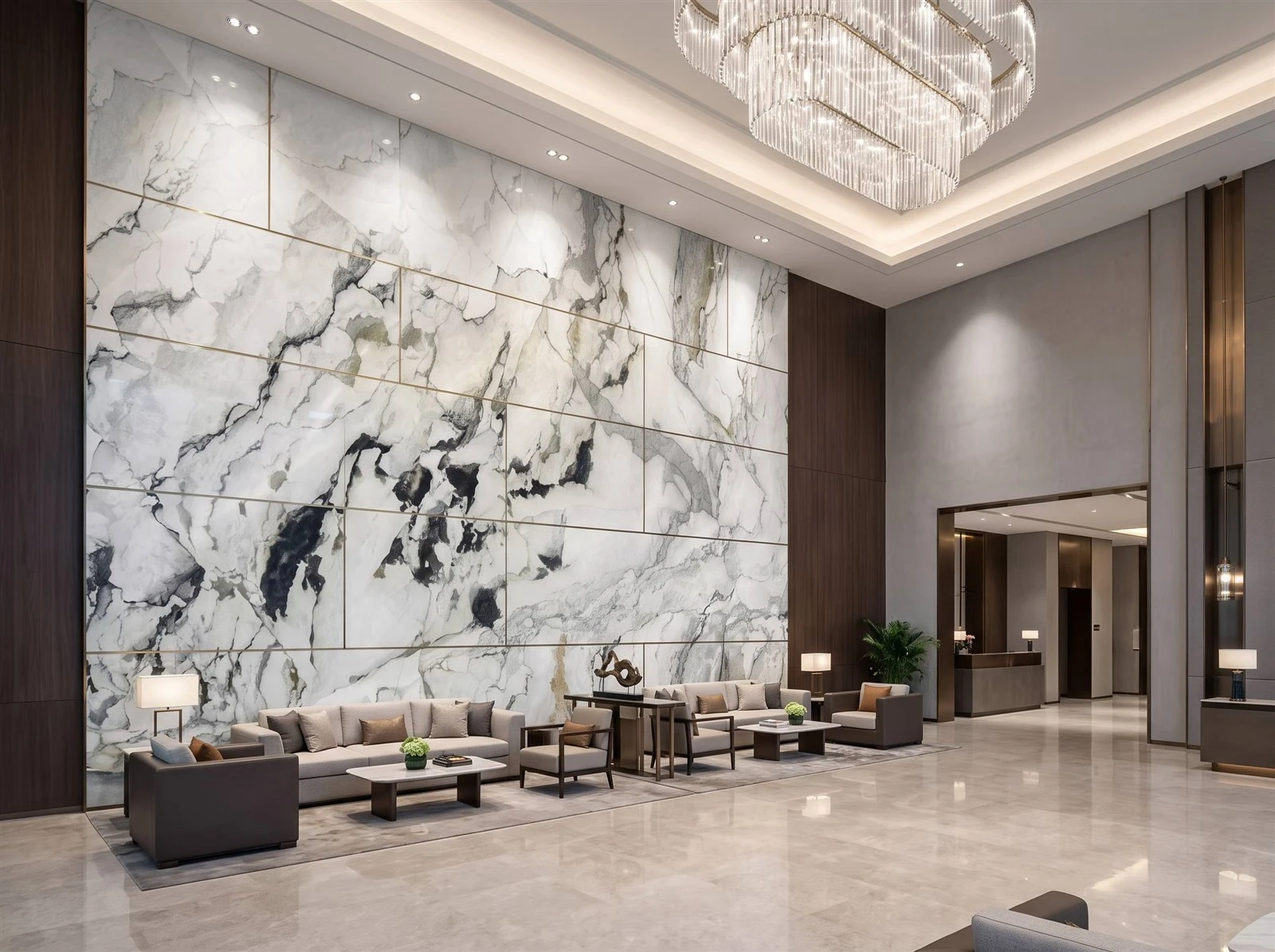 Camouflage White Marble feature wall panels with dramatic black and gray veining in a luxury hotel lobby Camouflage White Marble feature wall panels with dramatic black and gray veining in a luxury hotel lobby